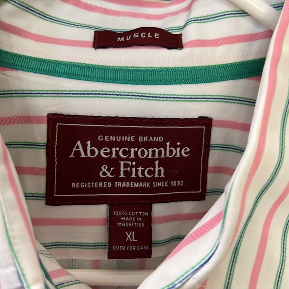 {Abercrombie & Fitch}Mens XL Muscle Fit White/Green/Pink Long Sleeve Button Down - Picture 2 of 7